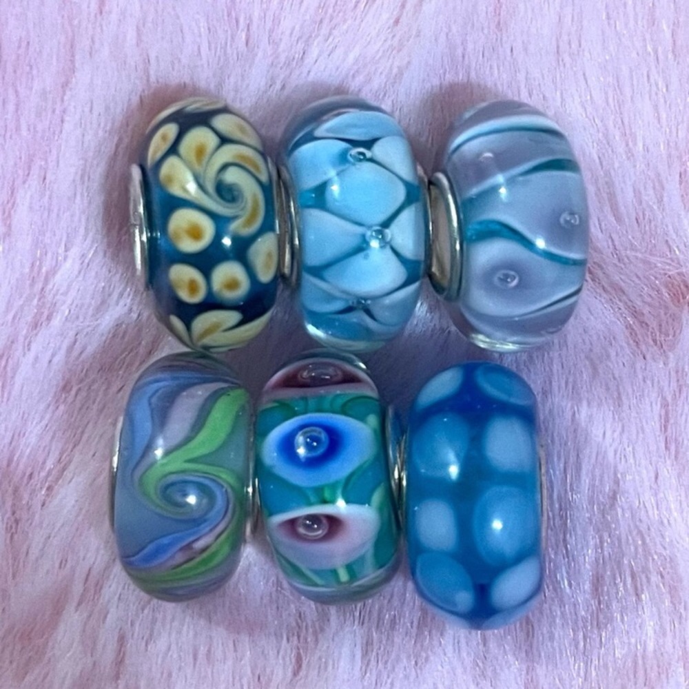 6Charm Pink Blue Bubble Glass Murano 925 Sterling Silver Spacer Bead For Pandora